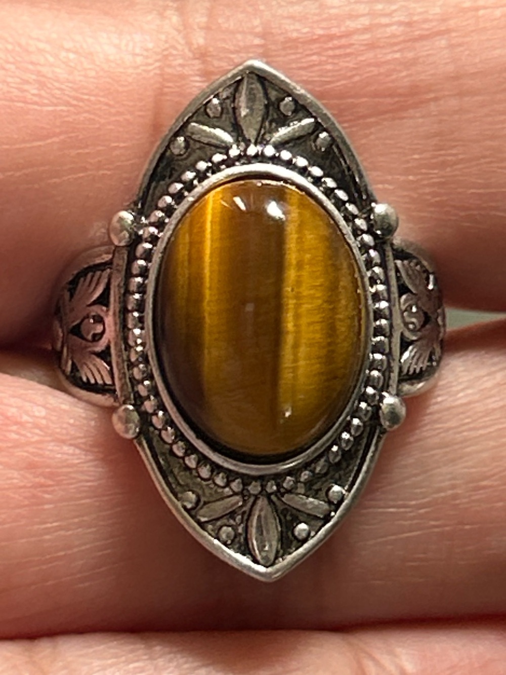 Sterling Silver S925 Tiger's Eye Crystal Ring Size 7 Yellow Brown Stone
